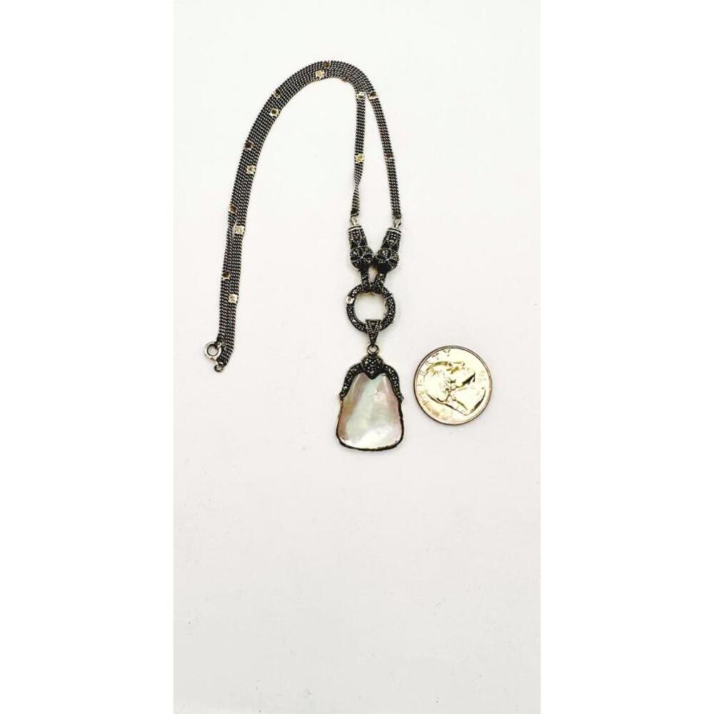 Vintage sterling silver marcasite mother of pearl pendant Y drop necklace